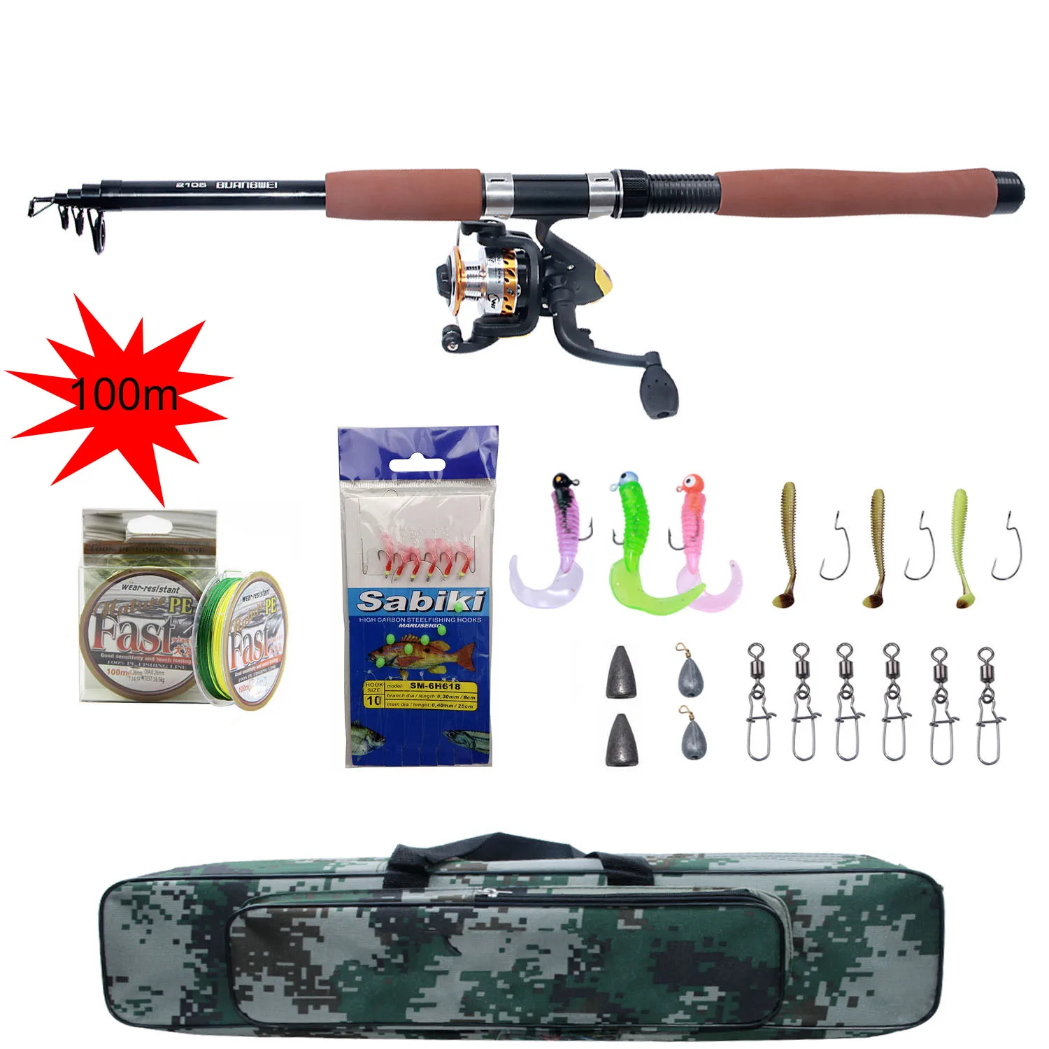 2.1m-2.7m Telescopic Fishing Rod Combo and Reel Full Kit Spinning Fishing Reel Pole set 100M Fishing Line Lures Hooks tackle
