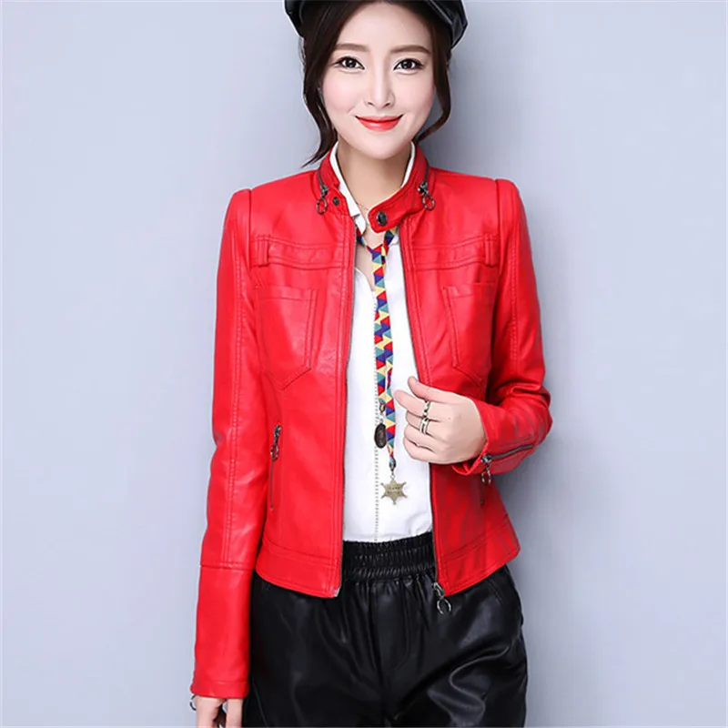 

2018 New PU Bomberjacket Women Elegant Short Coat Zipper Pocket Fashion Spring Bodycon Black Red Jacket