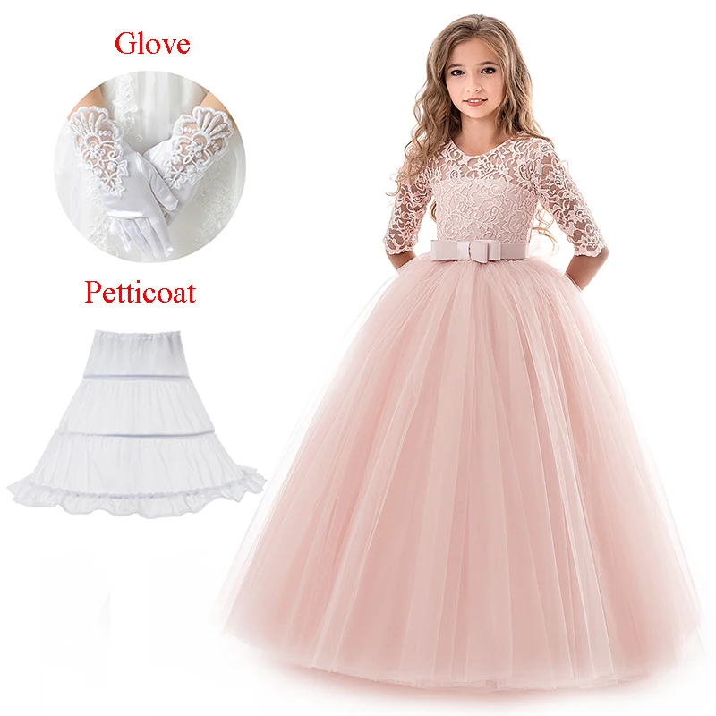 

2019 Teen Girls Dress Princess Lace Flower Long Dresses Children Party Girls Clothing Kids Embroidery Clothes Size 6-14 Years