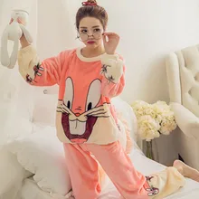 Г. Зимняя теплая женская пижама из бархата кораллового цвета, домашняя одежда, одежда для сна, костюм теплые мягкие корейские костюмы из двух предметов с милым кроликом для девочек