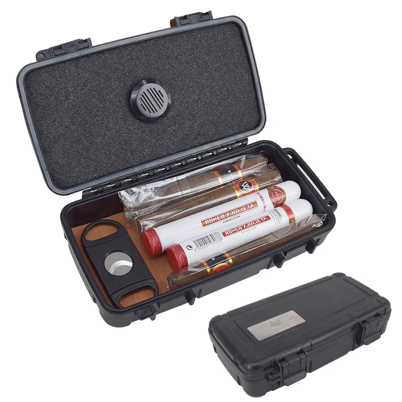 

New 1pcs Travel Cigar Case Humidor portable With humidifier send cigar Cutter scissors waterproof cigar Box Black bc2251
