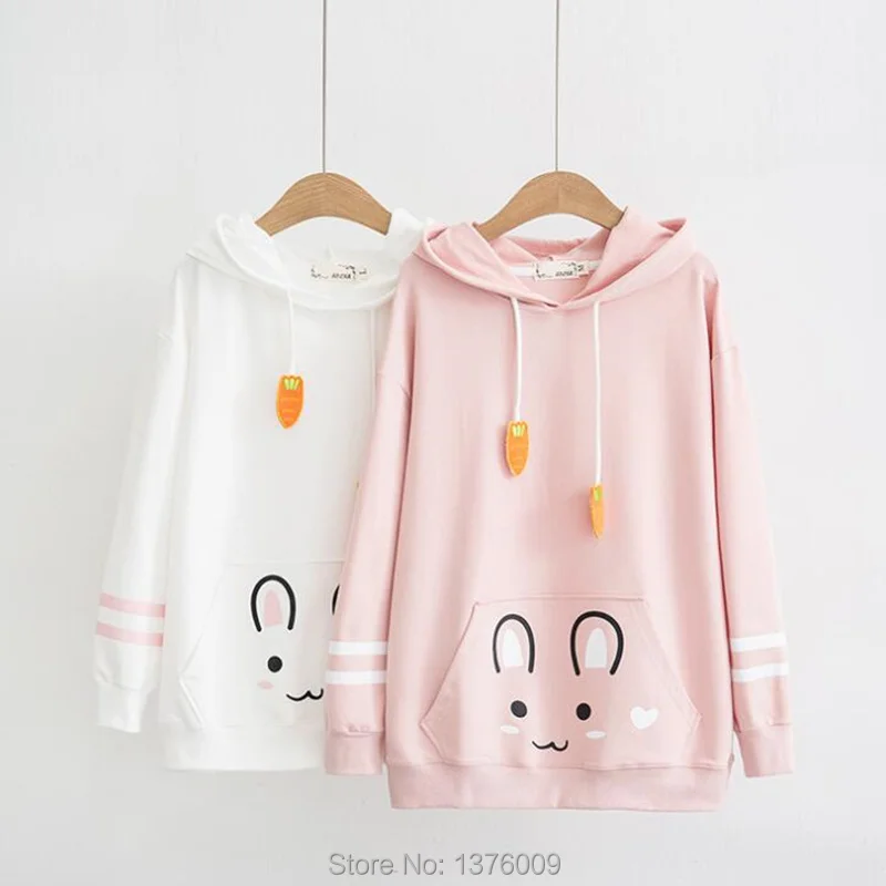 

2018 Harajuku Rabbit Carrot Hoodie Lolita Mori Girls Hoody Pullover With Ears Kawaii Junior Student Women Hoodies Autumn Tops
