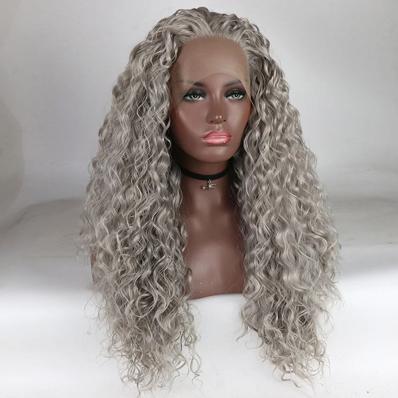 

Marquesha Half Hand Tied Loose Curly Gray Heat Resistant Fiber Silver Grey Synthetic Lace Front Wig For Women Replacement Wig