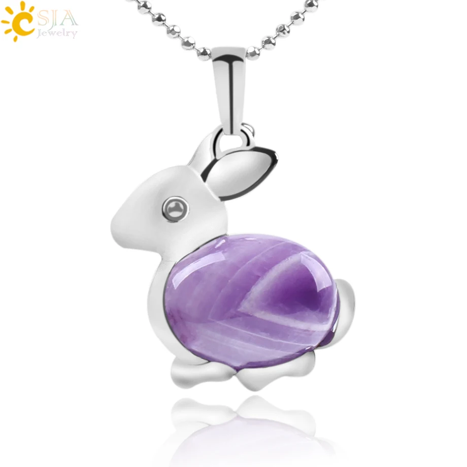 

CSJA Natural Gem Stone Beads Rabbit Animal Necklaces & Pendants Chakra Reiki Pink Purple Crystal Aventurine Tiger Eye Opal F095