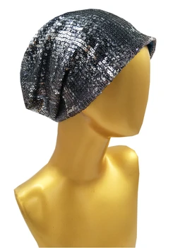 

B17836 2017 spring beanies women fashion silver shimmer sequin girls hats solid headwear hair accessories hats for women