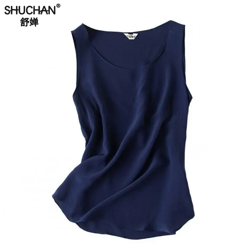

Shuchan Natural Silk Tank thin Blusas Basic Sleeveless Blusas Femininas Top Women Solid Office Lady see through High Quality