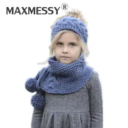 MAXMESSY Теплые ручной работы Детская шерстяная одежда трикотажные Шапки Утепленные зимние Кепки и шарф комплект для маленьких девочек