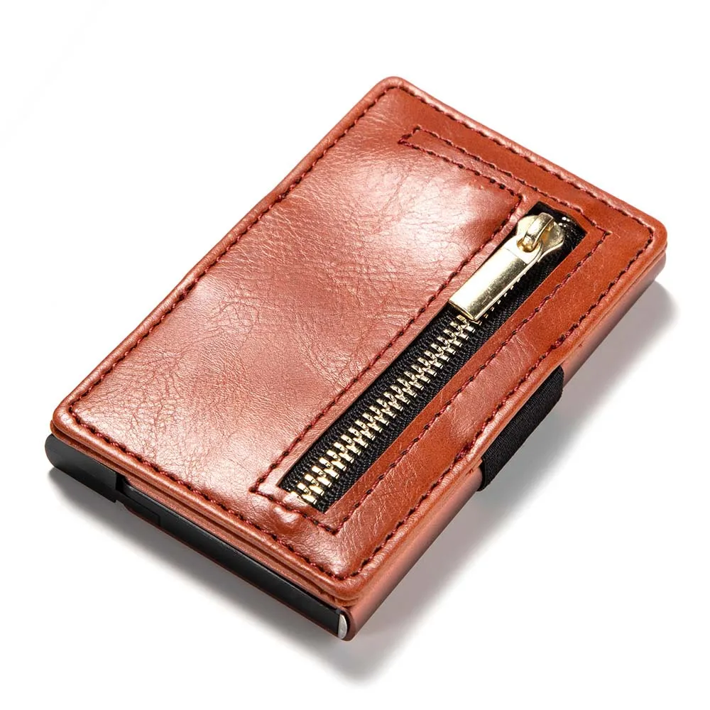 Casekey RFID мужской кожаный бумажник с застежкой молнией для карт кошелек маленький тонкий держатель для кредитных карт кошелек - Цвет: Brown