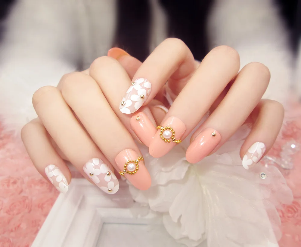 Сковальные накладные ногти с клеем средней длины жемчужные блестящие алмазные Diy Nail Art аксессуары для невесты 24 шт. розовые накладные ногти