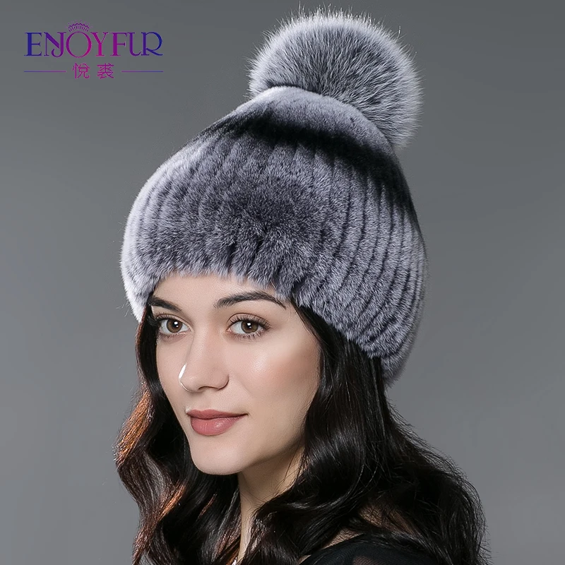 Женская вязаная шапка с помпоном ENJOYFUR зимняя из лисьего меха|fur zebra|fur hat menfur patterns |