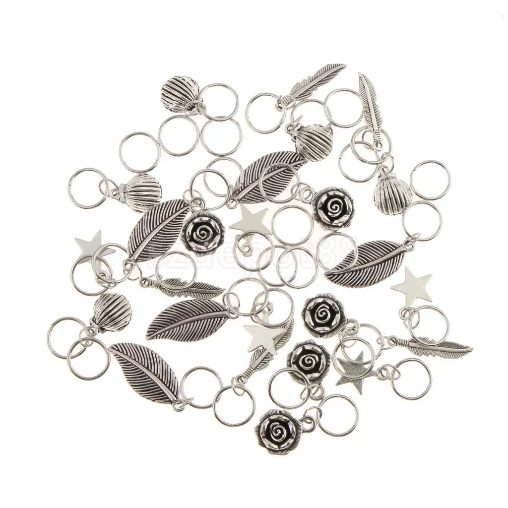 35pcs Hip Hop Silver Hair Braid Rings Hair Loops Clips 6Styles Bulk DIY Hair Accessories - Star Leaf Shell Loop Feather Flower