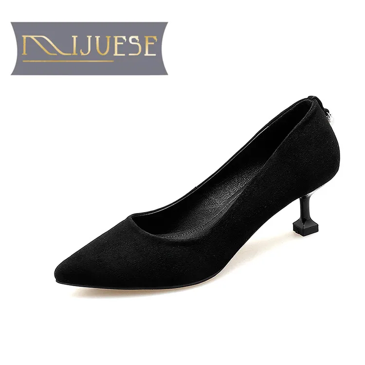 

MLJUESE 2018 women pumps Kid Suede autumn spring pointed toe black color pearls high heels women size 34-43