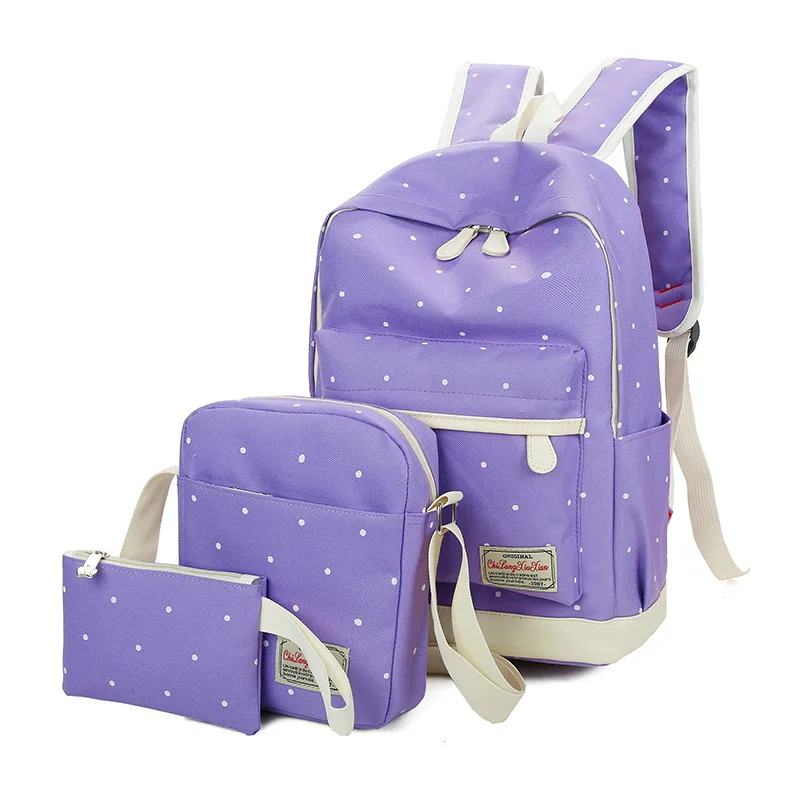 Girl's lovely dot backpack,love light purple student backpack,3 pieces