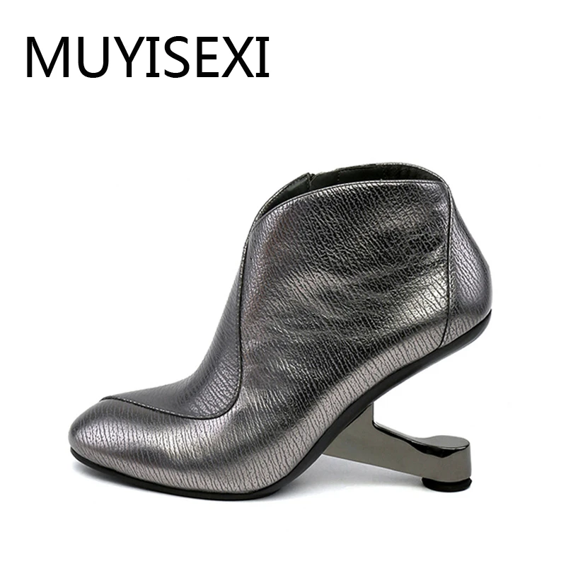 

Gun Metal Zipper Women Brand Boots Ankle Boots 9 cm Metal High Heeled Autumn Boots For Women Black Gunmetal X034 MUYISEXI