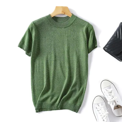 Женская футболка, повседневная, летняя, с короткими рукавами, вязанный Топ, круглый вырез, блестящая, свободная, ледяной шелк, футболка, топы размера плюс, с блестками, базовые Топы - Цвет: green