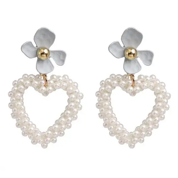 In Stock Yellow Flower Pearl Heart Love Large Hoops Alloy Earrings Jewelry For Ladies