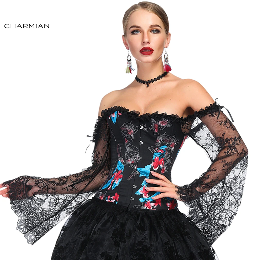 

Charmian Women's Fashion Boned Dark Blue Floral Print Lace Off Shoulder Overbust Corset with Long Floral Lace Sleeve