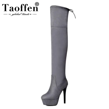

Taoffen Women Warm Over Knee Boots Platform High Heels Stretch Boots Winter Fur Lace Up Thin Heel Sexy Shoes Women Size 32-43