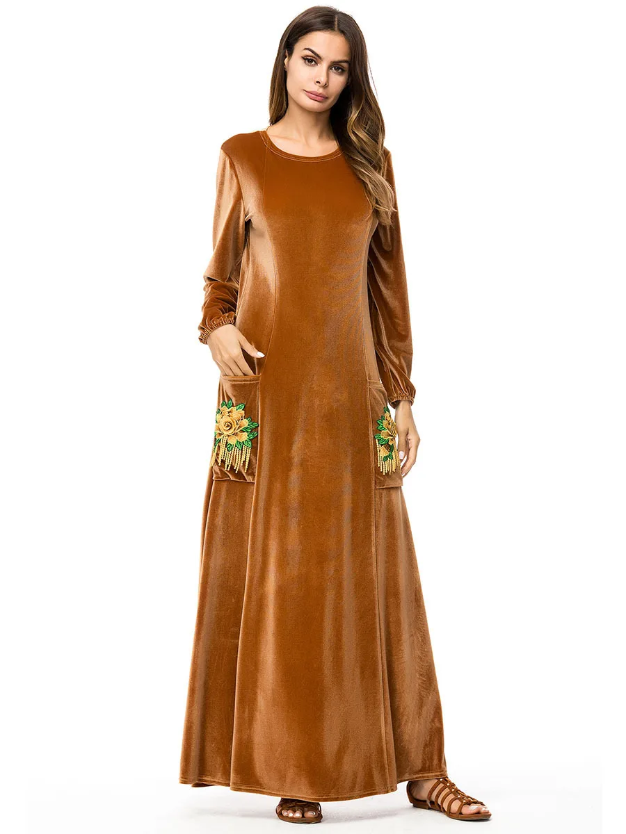 Элегантный шик вышивка бархат абайя мусульманские качели Макси платье длинный халат платья городские кимоно осень зима Рамадан Исламская одежда - Цвет: as photo shows