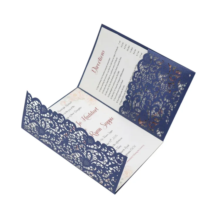 

Navy blue tri fold pocket laser cut wedding invitation card envelopes