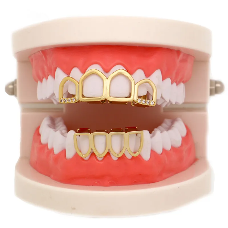 Mainlead Hiphop Four Full Open Face Gold Teeth Top&Bottom Tooth Dental