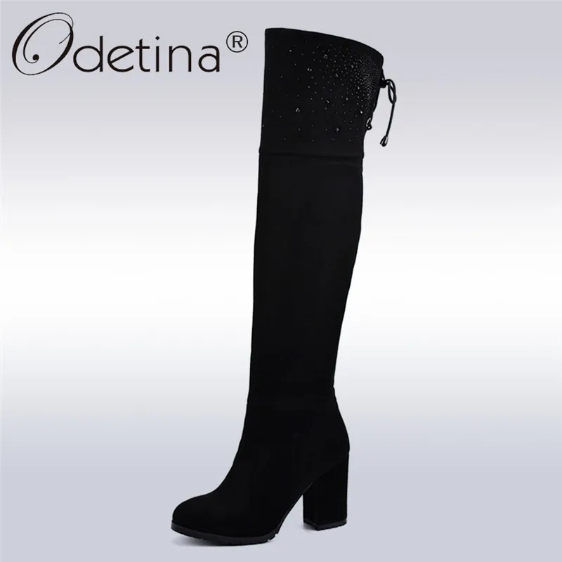 

Odetina New Fashion Square Heel Women Over The Knee Boots Sexy Thin High Boots with Side Zipper Round Toe Winter Warm Plush Shoe