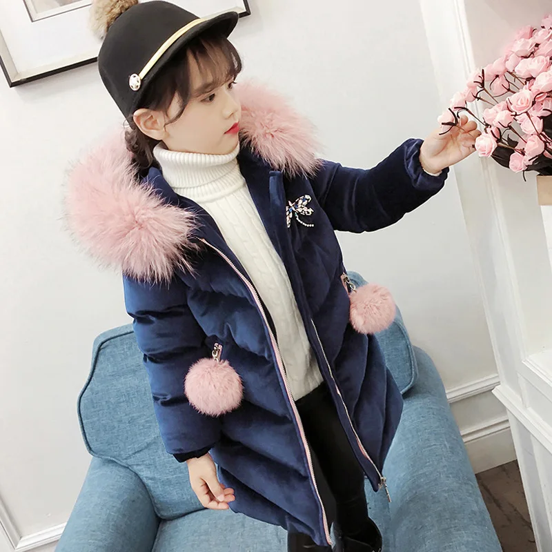 

2018 New Children Winter Jacket Girl Winter Coat Kids Warm Thick Fur Collar Hooded Long Cotton Coats for Teenage Clothes 4-12T