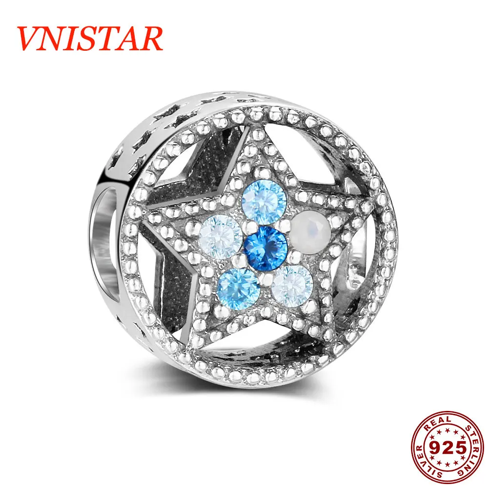 

VNISTAR Genuine 925 Sterling Silver Bright Star Big Hole European Beads DIY Antique Thai Silver Craft Charms For Bracelets