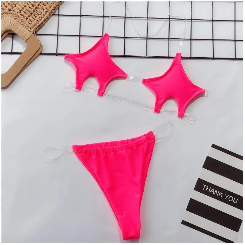 5 цветов с накладкой в форме звезды Топ двойной подкладке тканевый купальник прозрачные ремни Бразильский бикини - Цвет: hot pink
