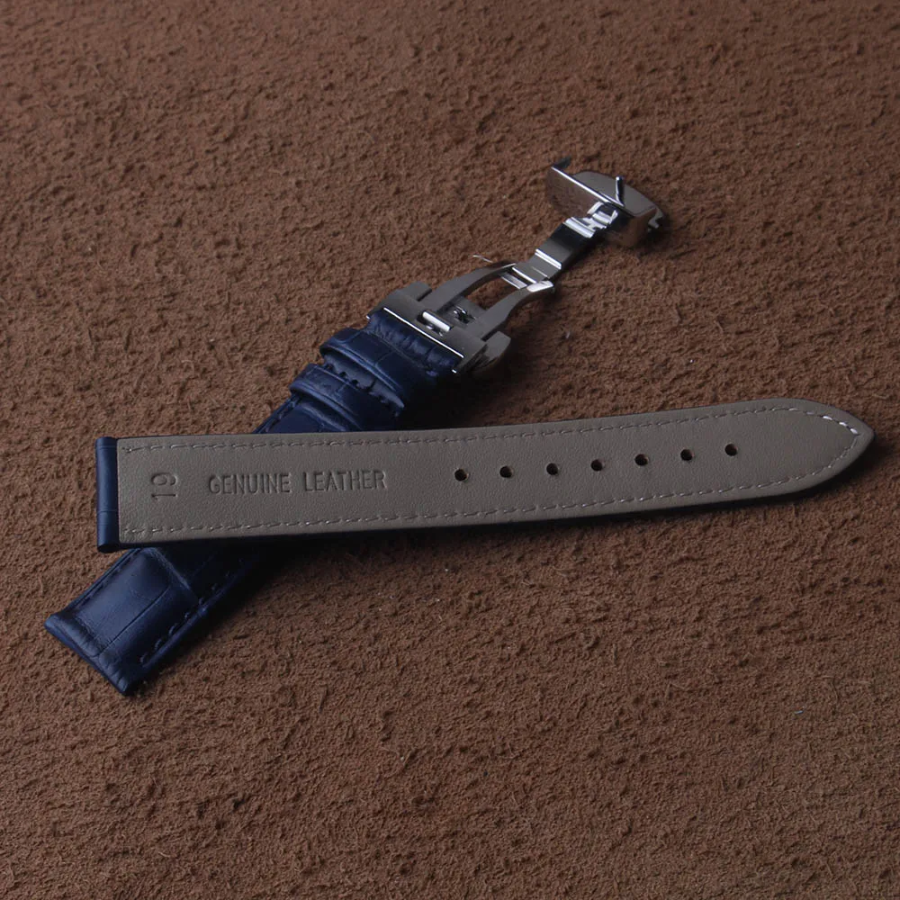 High quality Leather Genuine Watchbands straps dark blue silver butterfly buckles clasp 14mm 15mm 16mm 17mm 18mm 19mm 20mm 22mm