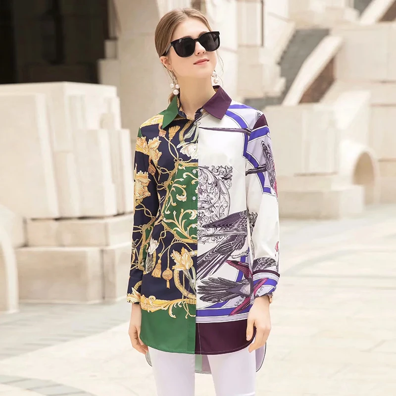

Casual Shirt Wide Shoulder Irregular Dovetail Fashion Runway Designer Summer Shirt Elegant Retro Court Printed Tops