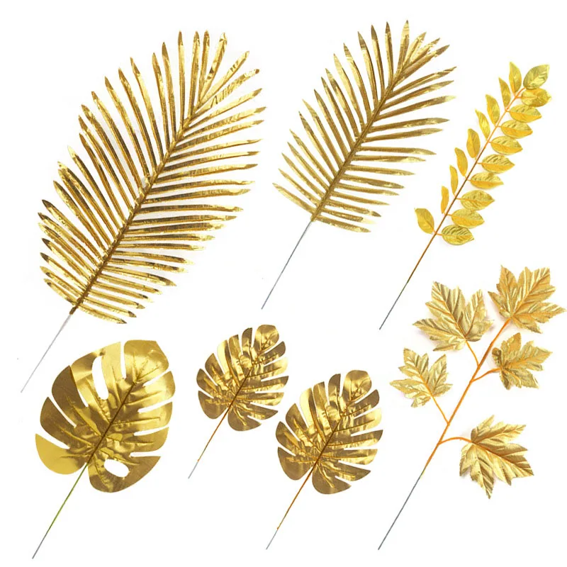 5Pcs Artificial Gold Palm Leaves DIY Plant Home Party Wedding Birthday Table Decoration Baby Shower Party Supplies