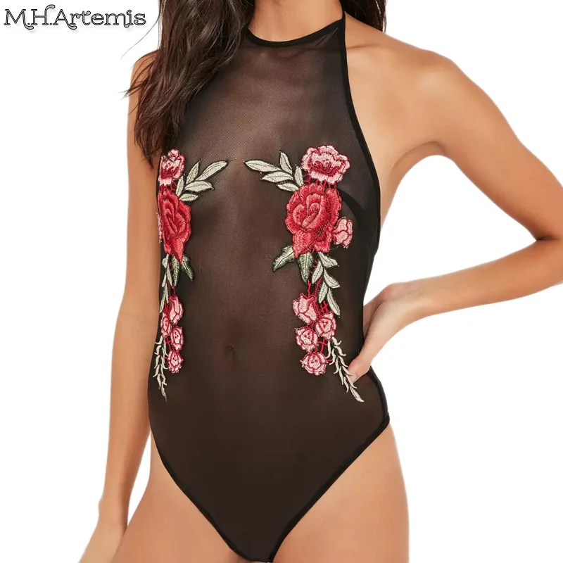 flower embroidery mesh halter monokini