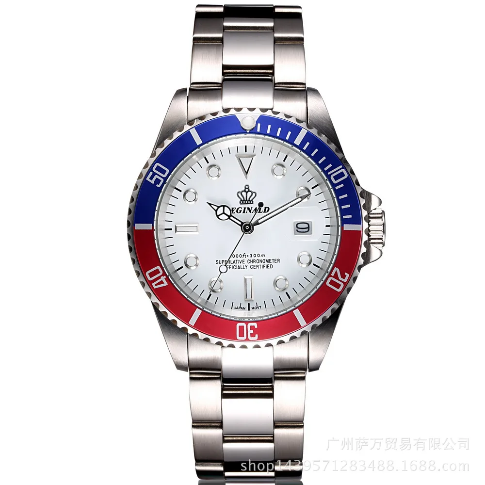Мужские кварцевые часы REGINALD Crown, деловые повседневные мужские часы со стальным календарем, японские водонепроницаемые кварцевые наручные часы с календарем - Цвет: As Picture