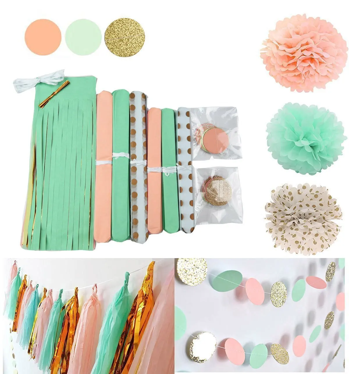 Mint Peach Gold Tissue Paper Pom Pom Gold Tissue Pom Pom Paper