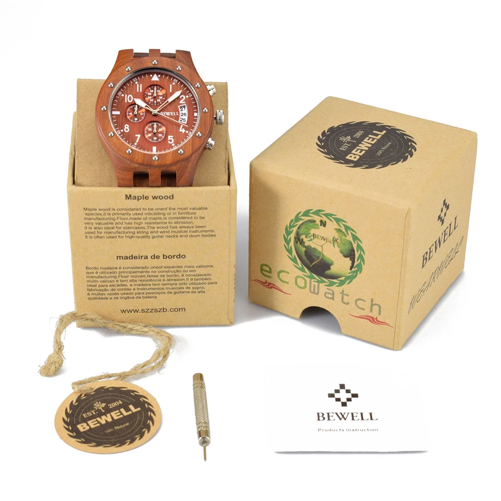 BEWELL Mens Unique Wooden Watch Quartz Movement Lightweight Time Luminous Date Vintage Analog Wristwatch dropship supplier 109D