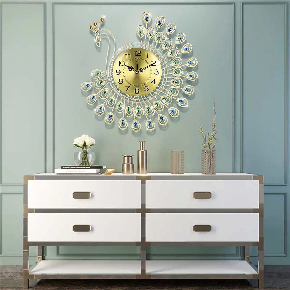 

53cm Large 3D Gold Diamond Peacock Silent Wall Clock Modern Design Clocks Home Decor European Style Hanging Wall Watch Clocks