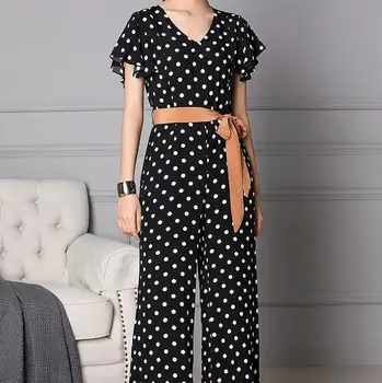 

Vintage Elegant Jumpsuits Women Short Sleeve Polka Dots Loose Trousers Wide Leg Pants Rompers Holiday Playsuits