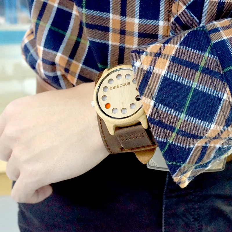BOBO BIRD 12 Holes Design Bamboo Wooden Watch Mens Quartz Analog Watches with Genuine Leather Band as Gift montre homme