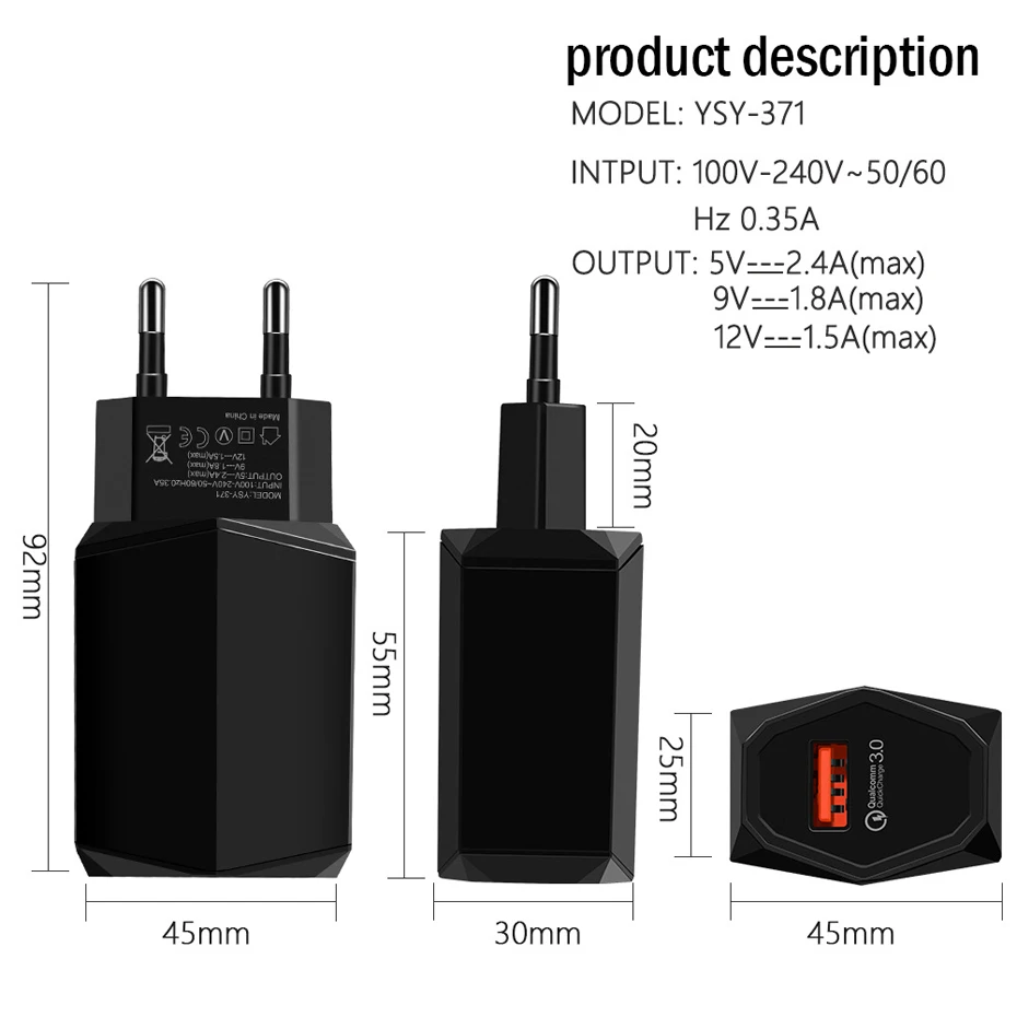 QC3.0 Fast Charger Adapter for iPhone Xiaomi Samsung Quick EU Chargers Battery Power Supply with Type-c Micro USB Charging Cable