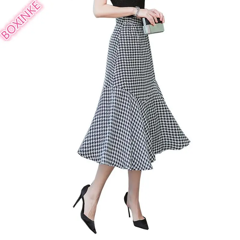 

Faldas New Spring And Summer Skirt Of 1000 Birds With Lattice Buttock Lotus Leaf For Edge Medium-length High-waist Half-length