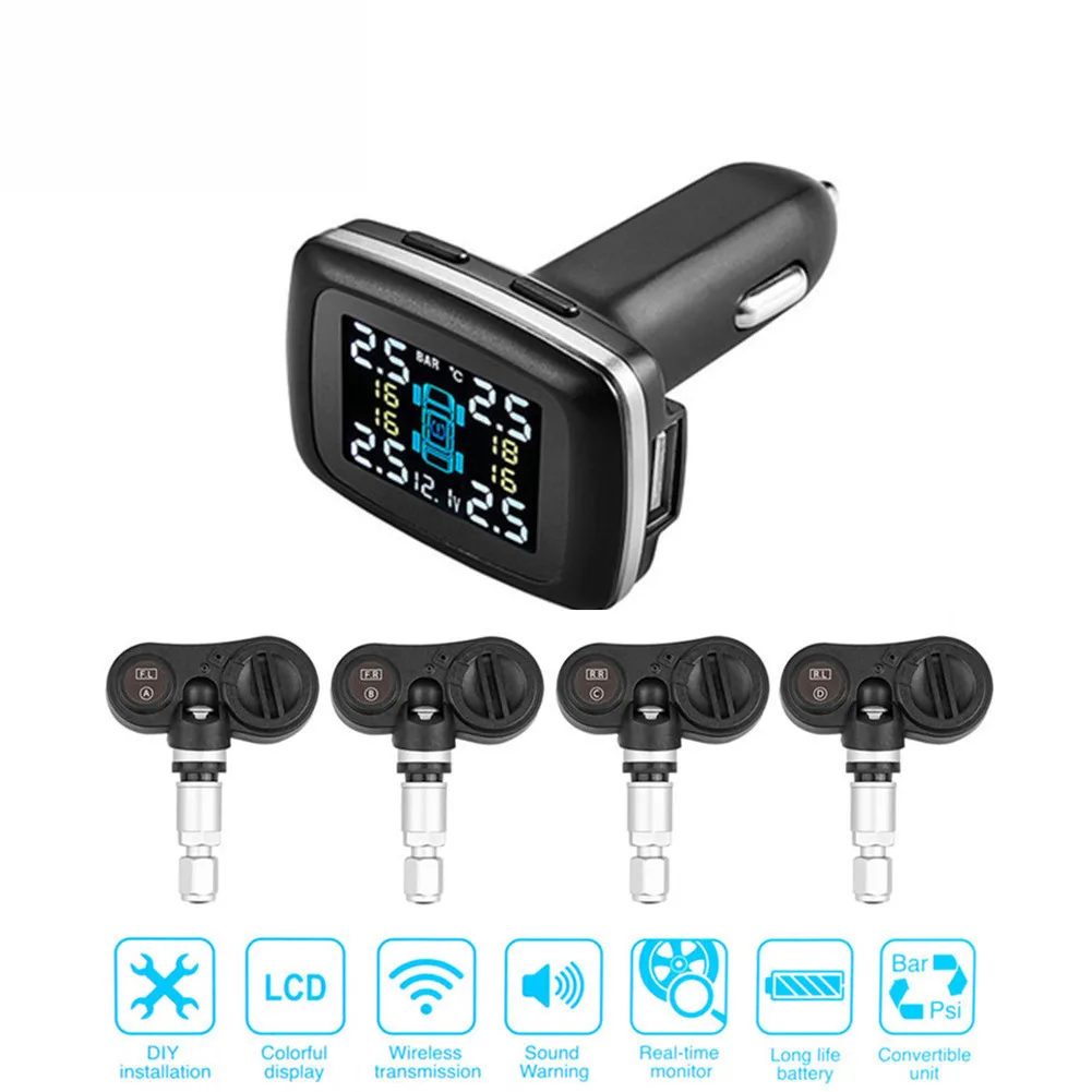 

Wireless Smart Car TPMS 12V Digital Tire Pressure Monitoring System Tire Pressure Alarm External & Internal Sensor TP620
