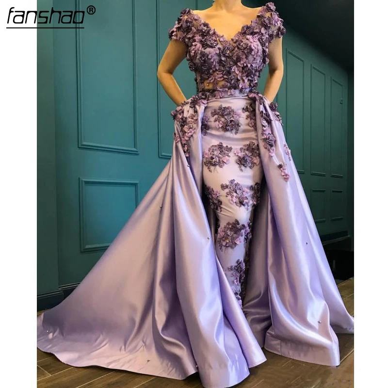 

Lilac Off Shoulder Short Sleeves Satin Evening Dress Glamorous Saudi Prom Party Gowns Custom