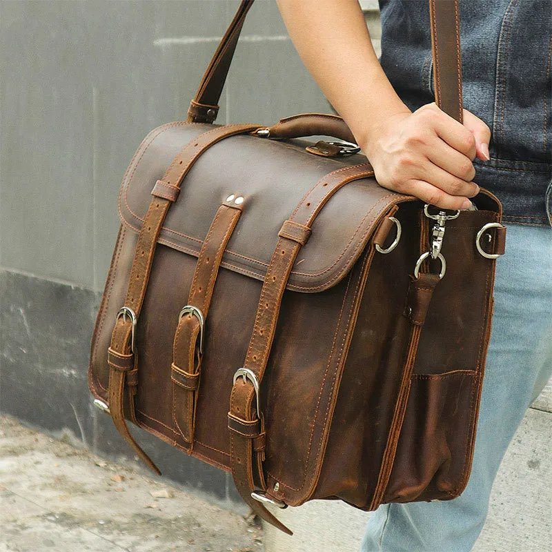 Men's Full Grain Leather 16'' Briefcase Multi functional Shoulder ...