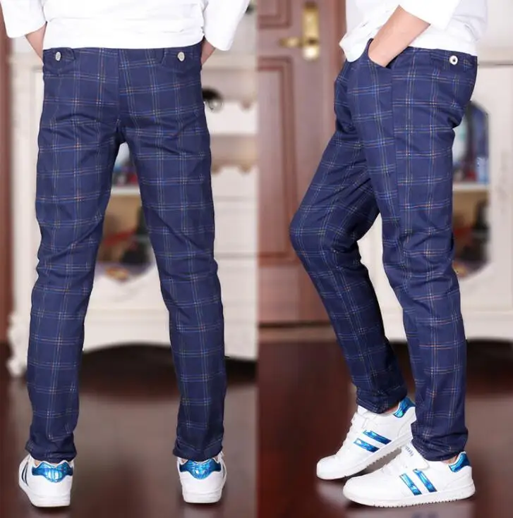 

Boys Casual Pants 2018 New Designer Brand Kids Blue Plaid Pant All-match British Style Fashion Trousers For Children Pants 3-16T