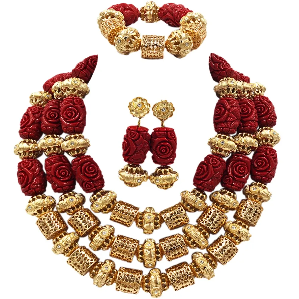 Dubai Gold Statement Necklace Red Artificial Coral Beads Jewelry Set Nigerian Wedding Bridal