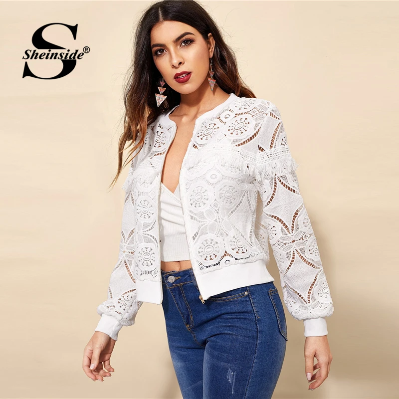astounding  Sheinside White Elegant Hollowed Out Lace Jacket Women 2019 Back Frayed Edge Detail Jackets Ladies 