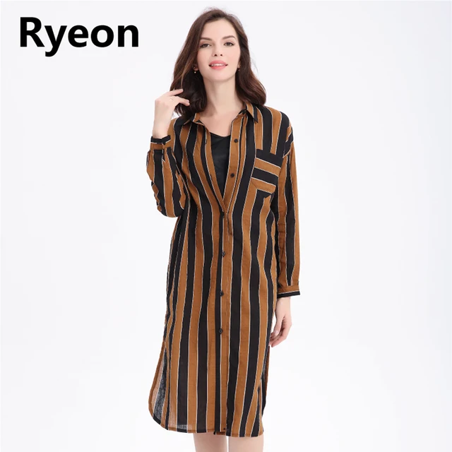 Ryeon Shirt Dress Y Beach Summer Autumn Plus Size Casual Women Ryeon Shirt Dress Y Beach Summer Autumn Plus Size Casual Women Striped Long Cotton Office Vintage