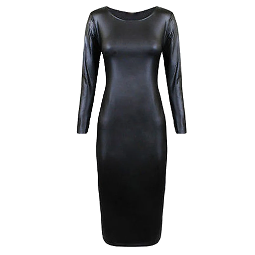 New Club Sexy Women Faux Leather Solid Color Long Sleeve O-Neck Bogycon Midi Dress