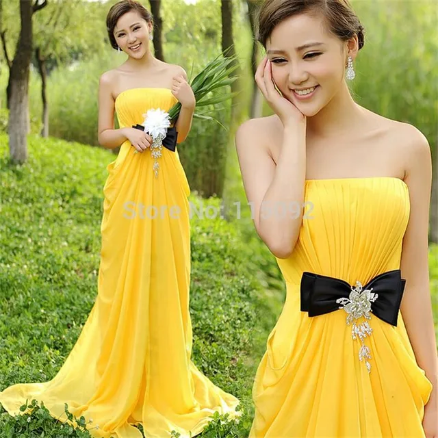 2017 Long Yellow Gold A Line Strapless Off The Shoulder Chiffon Top 2017 Long Yellow Gold A Line Strapless Off The Shoulder Chiffon Top Bridesmaid Dress Bride Maid